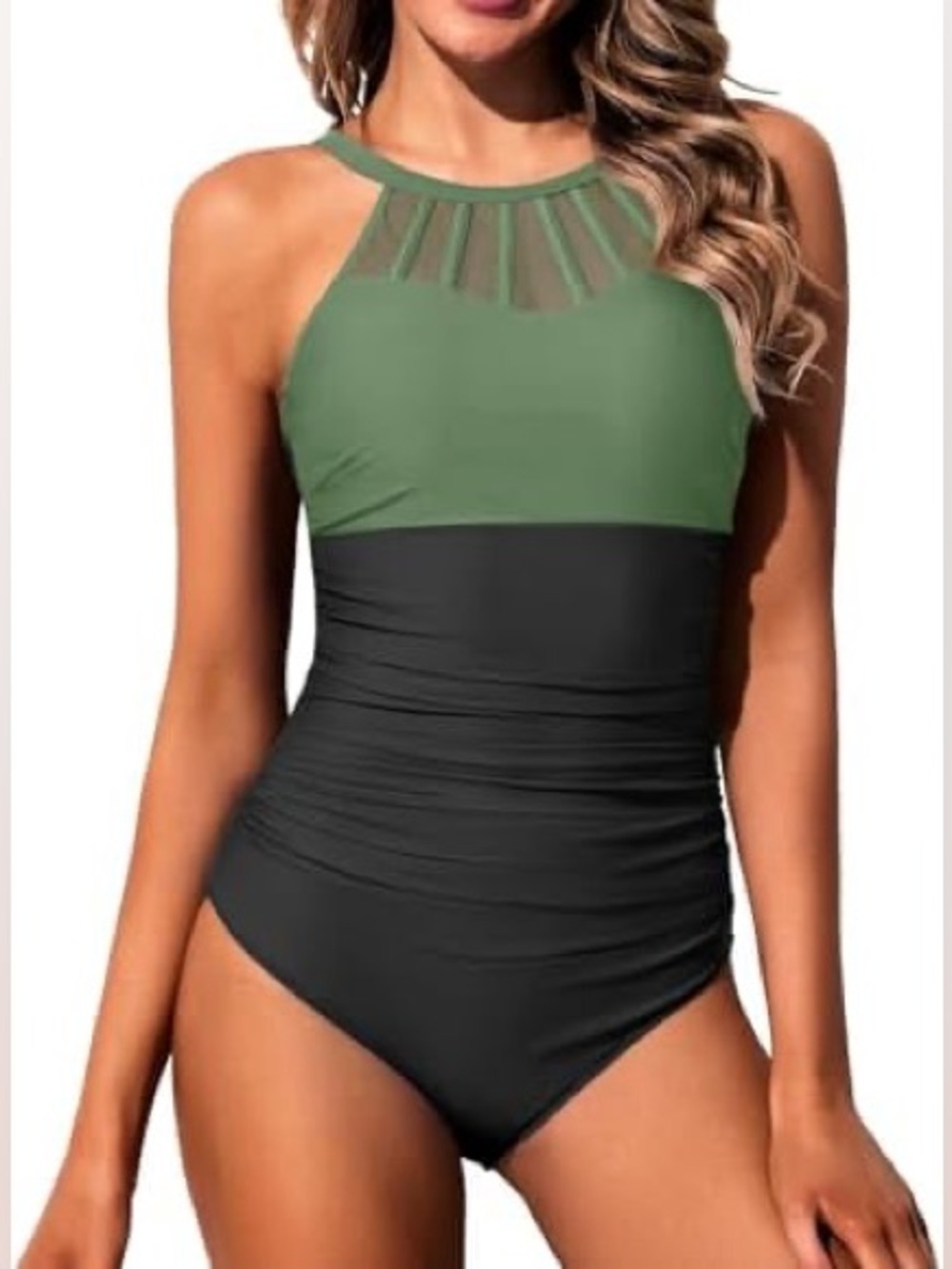 Holipick Tummy Control Modest High Neckline Mesh Full Coverage Swimsuit Med NWT